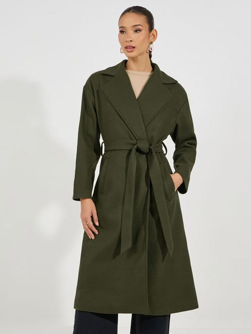 women olive solid full sleeve overcoat - 21632026 -  Standard Image - 0