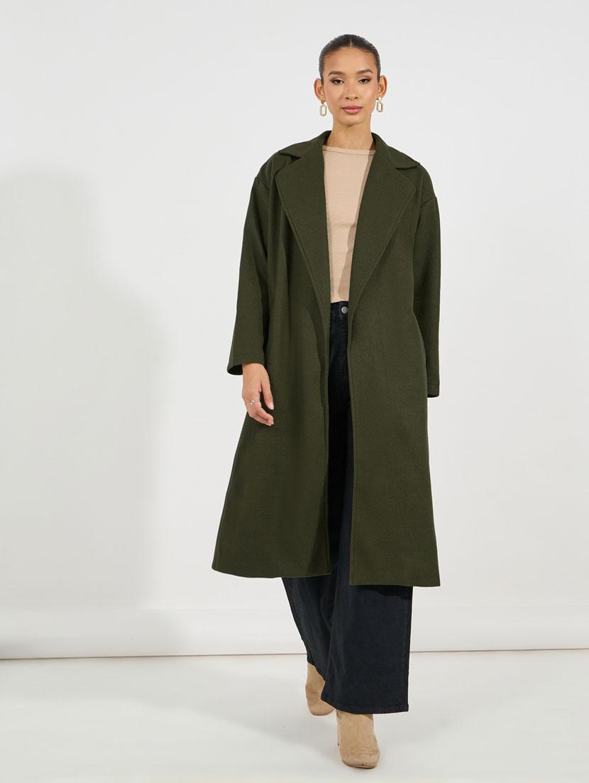 women olive solid full sleeve overcoat - 21632026 - Standard Image - 2