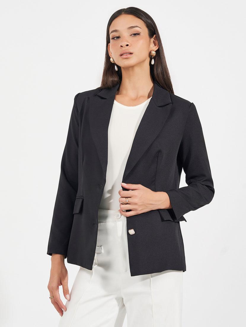 women lapel collar solid casual blazer - 21632031 - Standard Image - 2