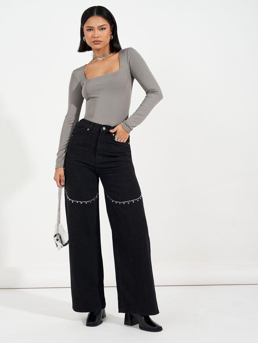 women black plain wide leg jeans - 21632061 - Standard Image - 2