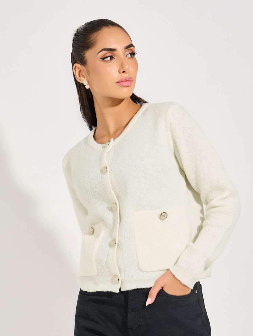 women off white self design long sleeve cardigan