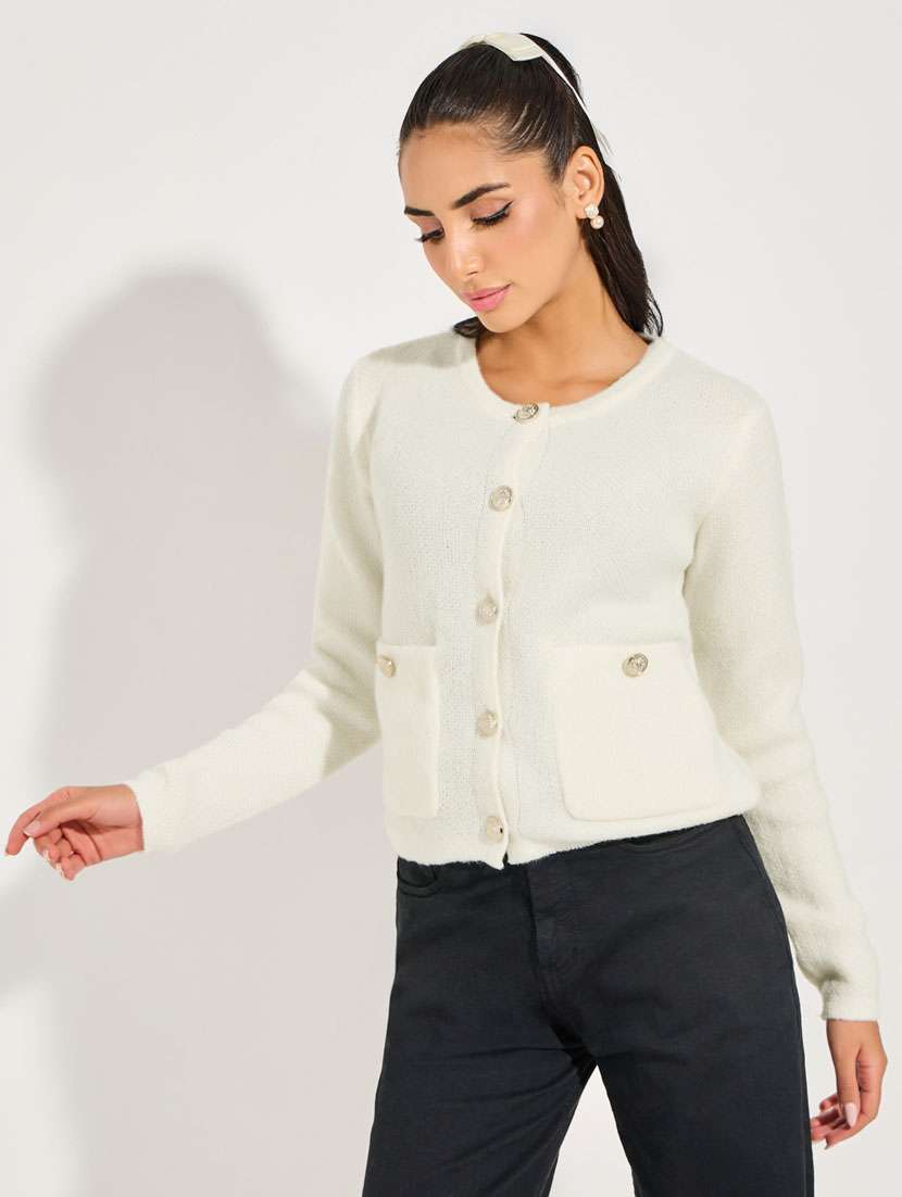 women off white self design long sleeve cardigan - 21632079 -  Standard Image - 2