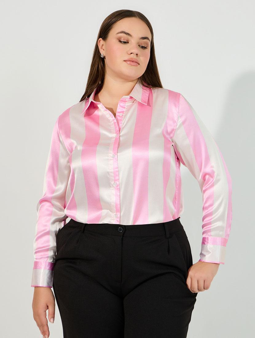 women pink stripes long sleeve regular shirt - 21632081 -  Zoom Image - 0