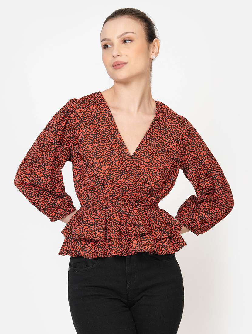 women printed puff sleeve layered top