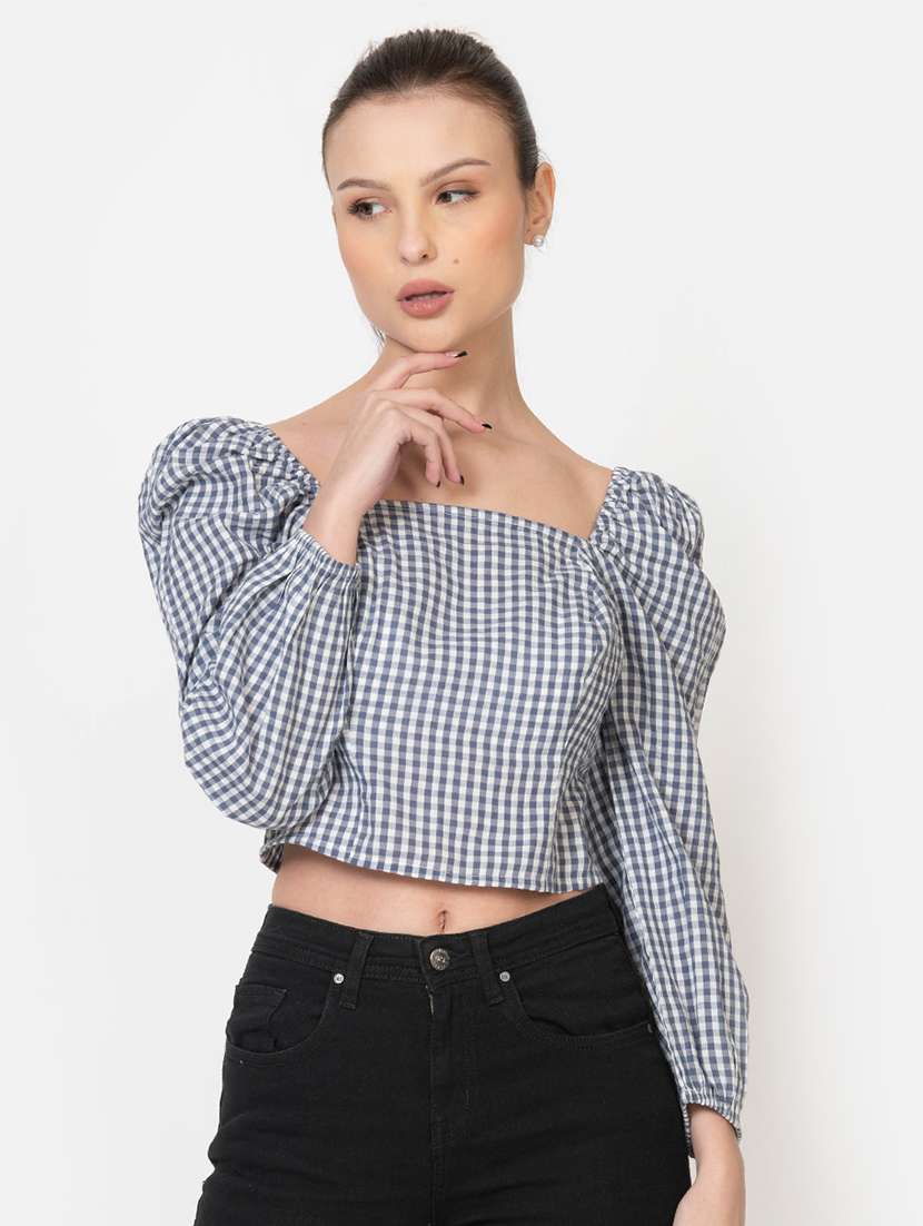 women checks square neck crop top