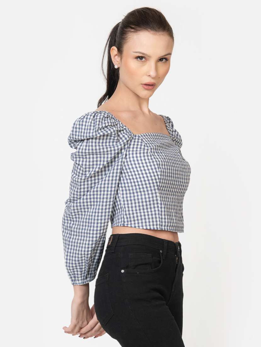 women checks square neck crop top - 21632099 -  Standard Image - 2
