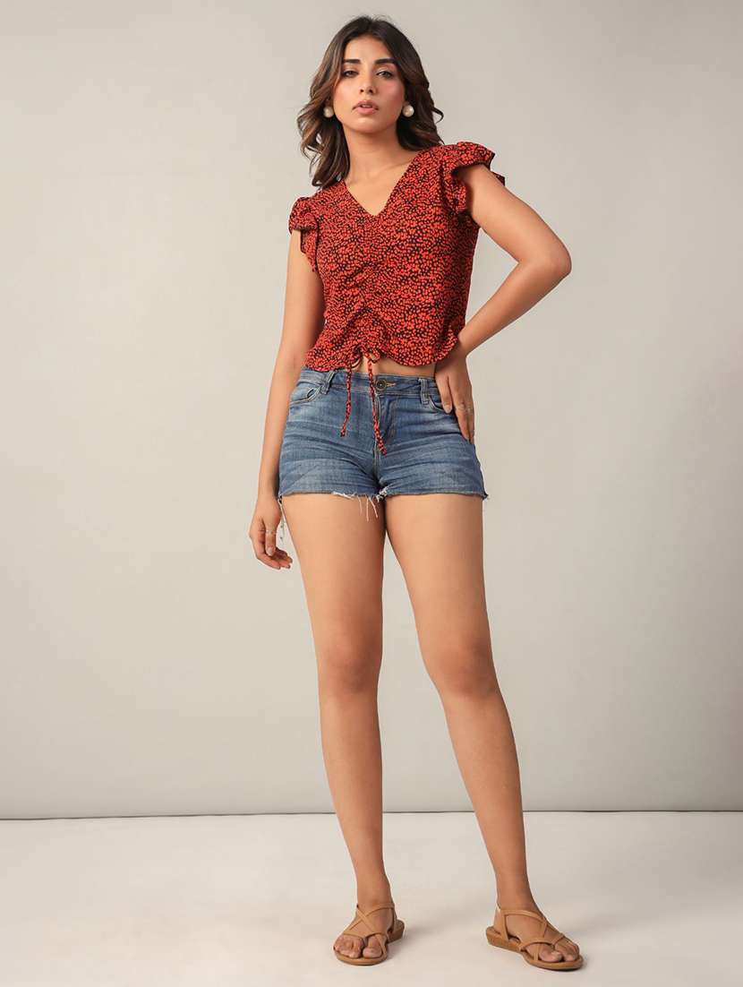 women v-neck printed ruched top - 21632104 -  Standard Image - 2