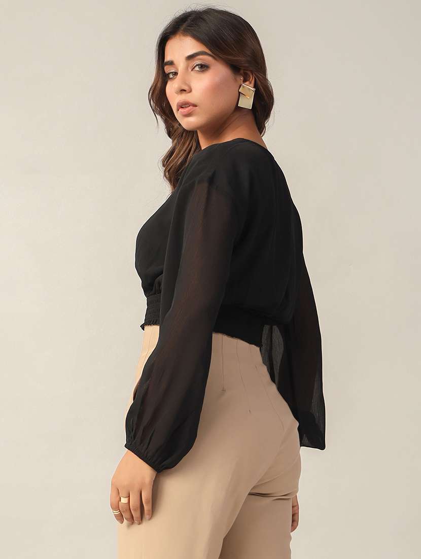 women black solid v neck crop top - 21632107 -  Standard Image - 2