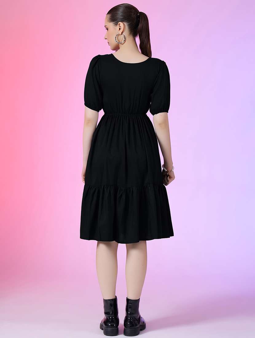 women solid puff sleeve tiered dress - 21632145 - Standard Image - 2