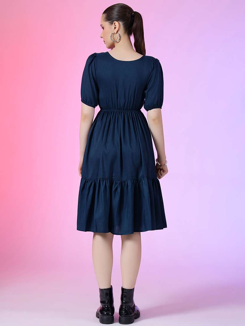 women solid puff sleeve tiered dress - 21632146 - Standard Image - 2