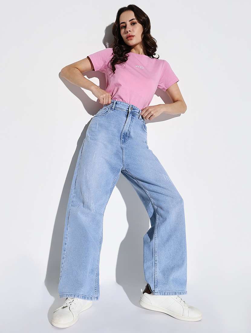 Women Plain Wide Leg Denim Jeans