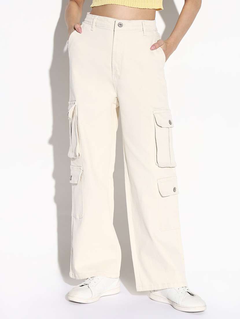 women solid high rise denim cargo