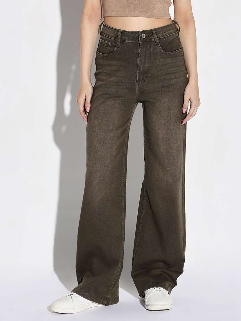women solid high rise wide leg jean