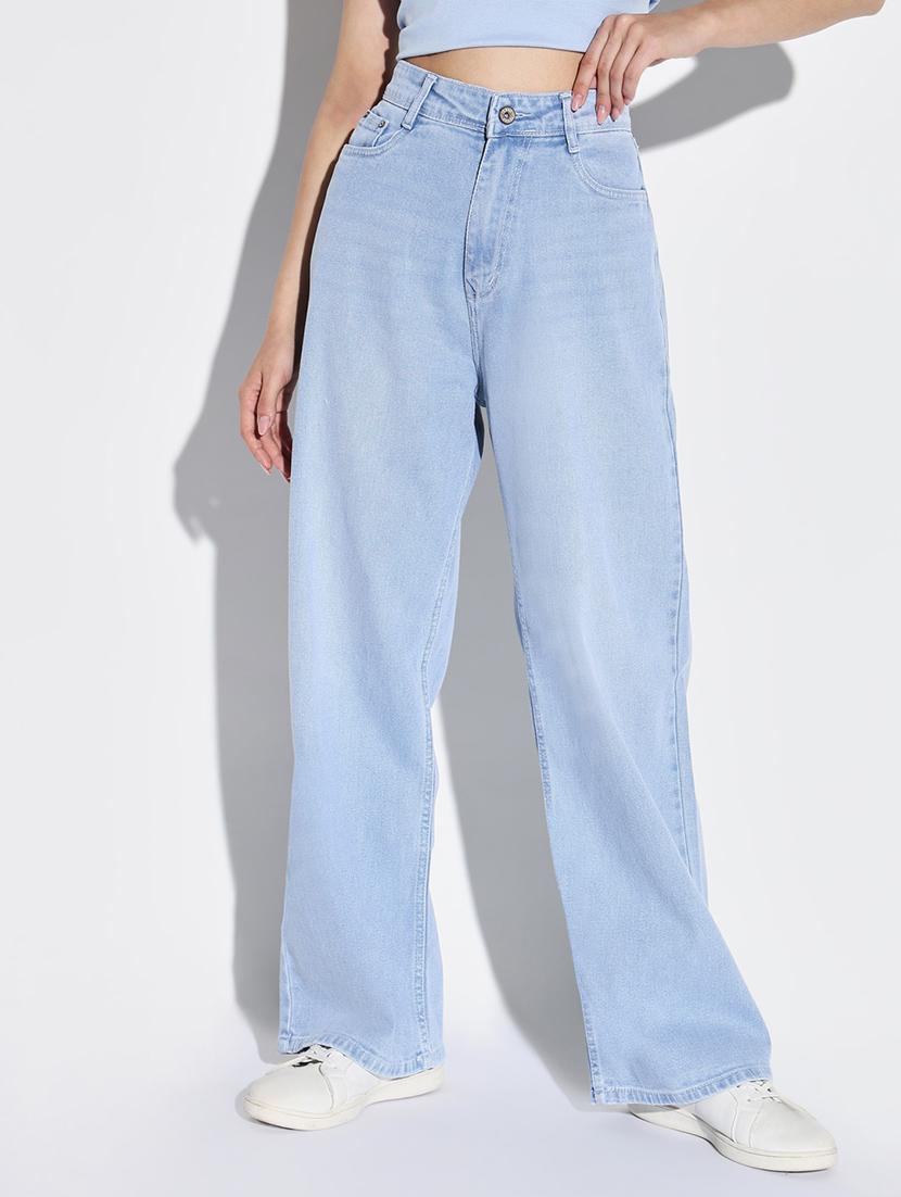 women solid high rise wide leg jean