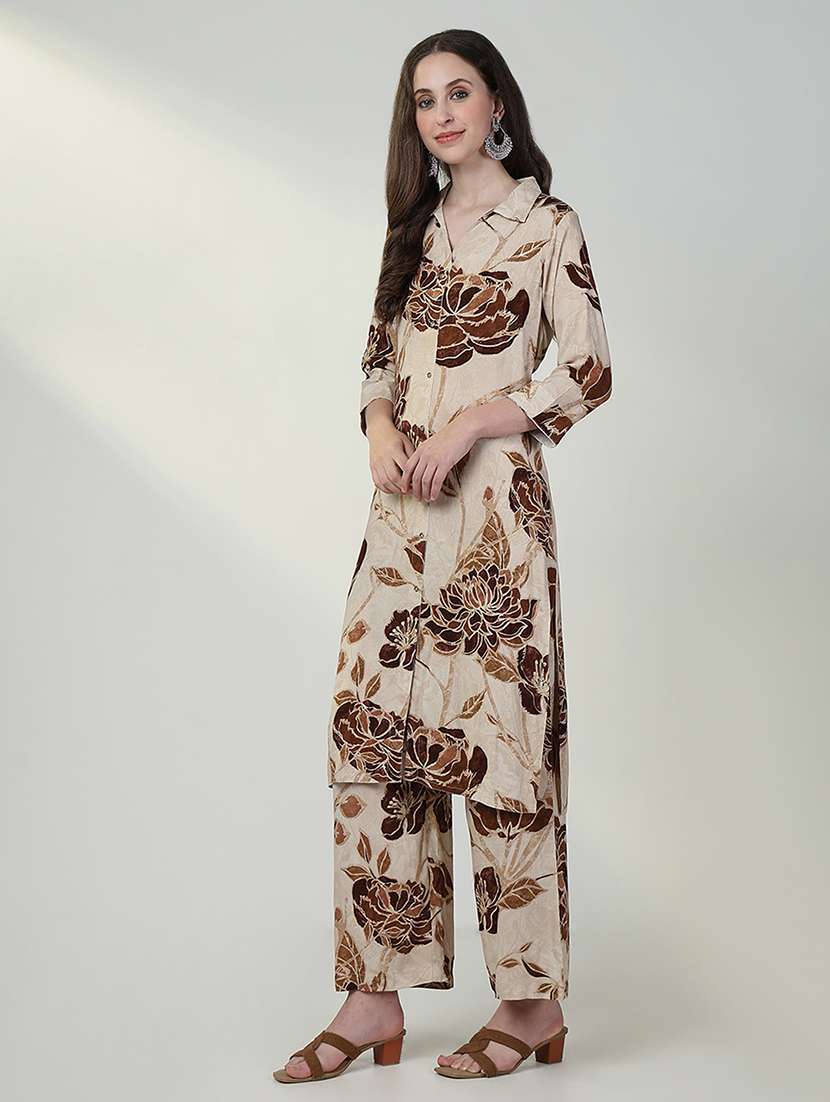 women beige floral kurta palazzo set  - 21632696 -  Standard Image - 2