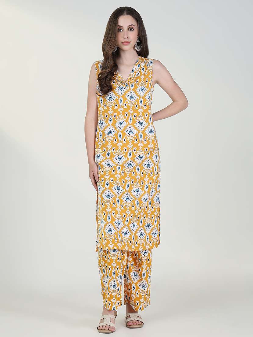 women mustard ikat printed kurta pant set