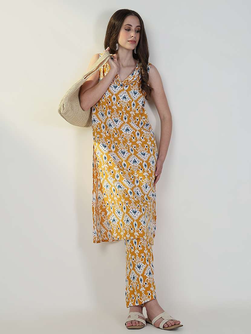 women mustard ikat printed kurta pant set - 21632709 - Standard Image - 2