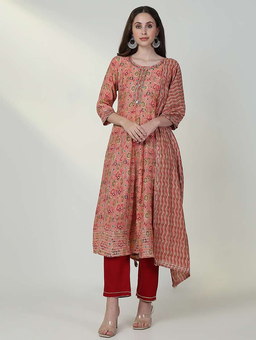 women three quarter sleeve anarkali kurta pant with dupatta set