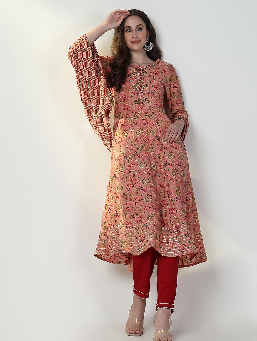women three quarter sleeve anarkali kurta pant with dupatta set - 21632720 - Standard Image - 2