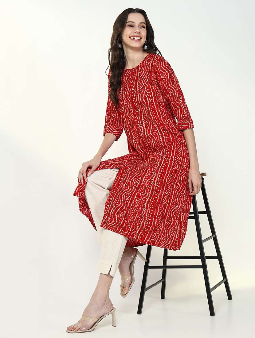 women red bandhani printed a-line kurta - 21632730 -  Standard Image - 2