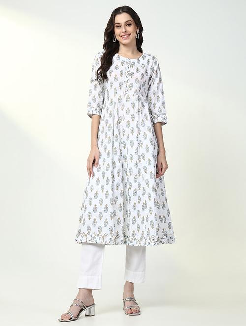 women white printed three quarter sleeve anarkali kurta - 21632737 -  Standard Image - 0