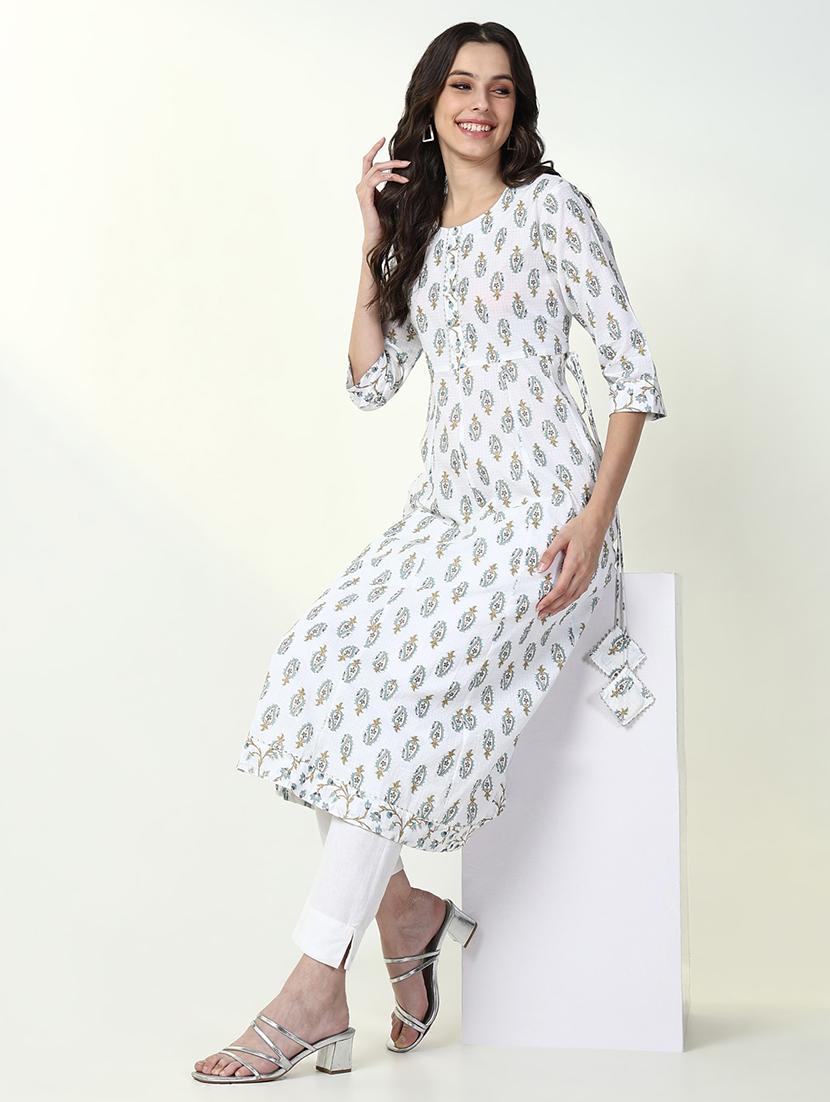 women white printed three quarter sleeve anarkali kurta - 21632737 - Standard Image - 2