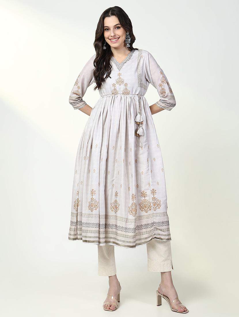 women off white printed three quarter sleeve anarkali kurta - 21632746 - Zoom Image - 0
