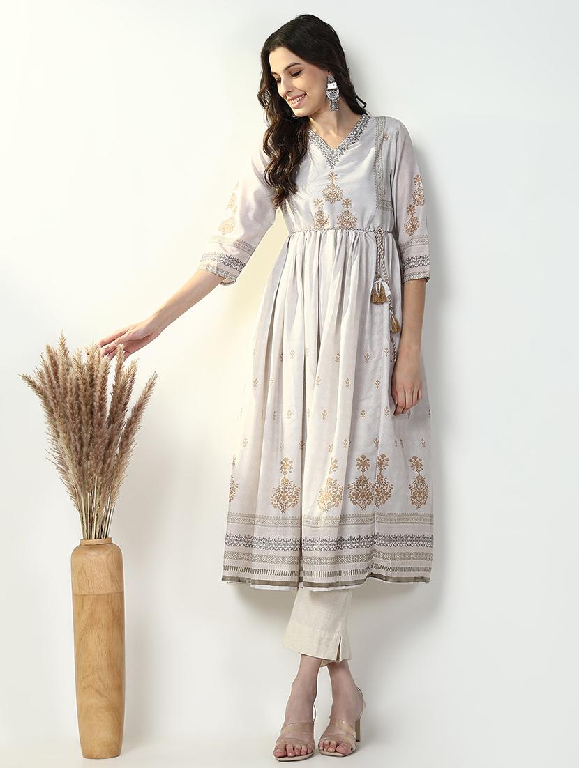 women off white printed three quarter sleeve anarkali kurta - 21632746 - Standard Image - 2