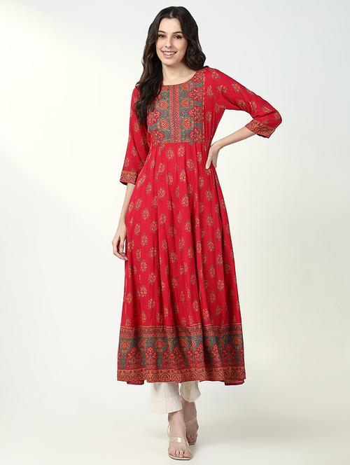 women red floral three quarter sleeve anarkali kurta - 21632750 - Standard Image - 0
