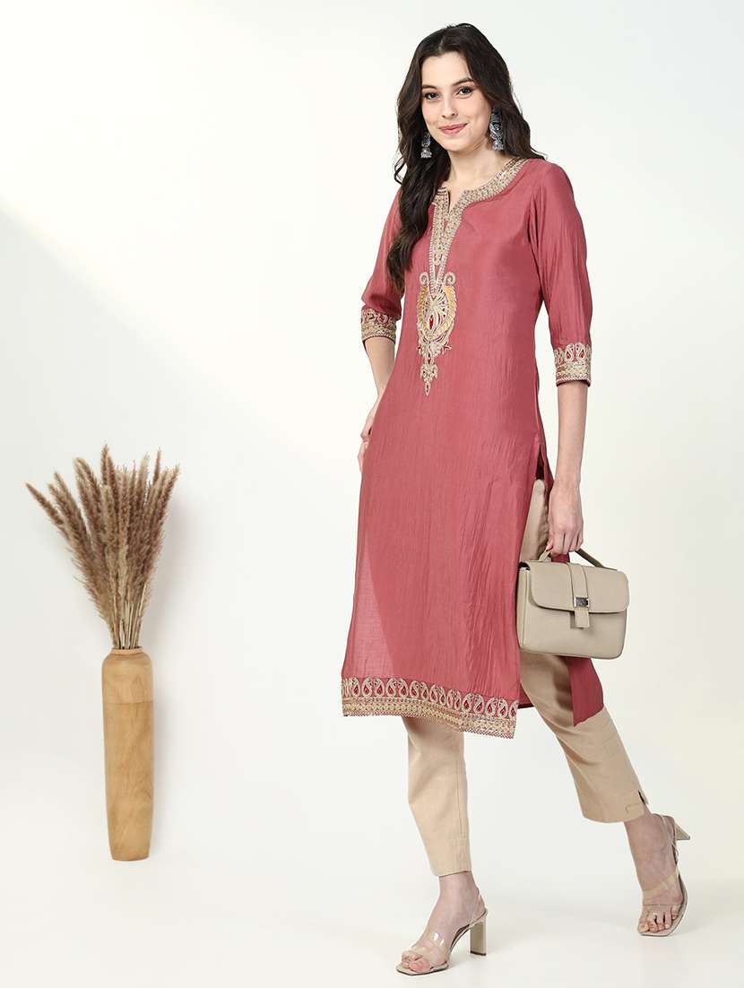 women three quarter sleeve straight kurta - 21632755 - Standard Image - 2