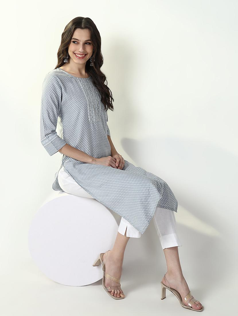 women three quarter sleeve straight kurta - 21632758 - Standard Image - 2