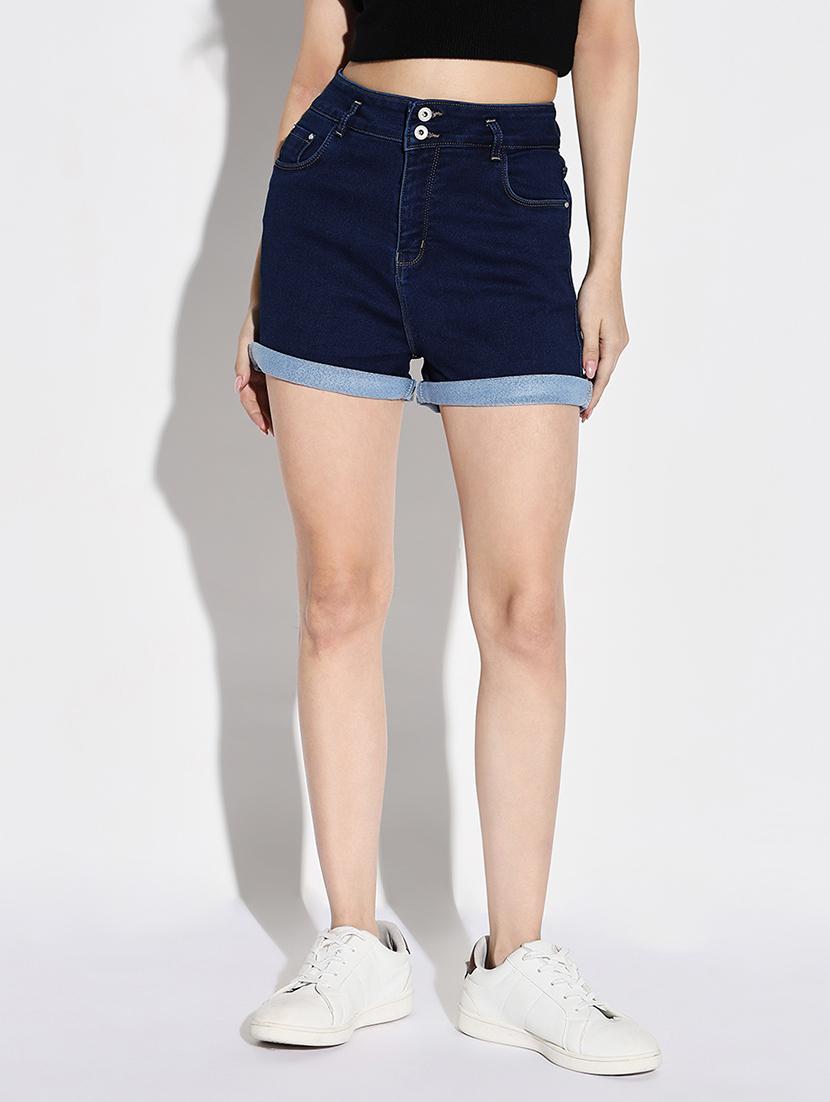 women solid high rise denim shorts - 21632769 -  Zoom Image - 0