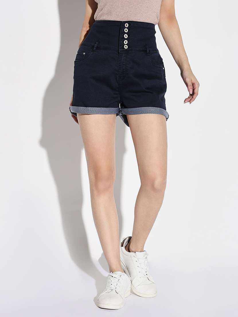 women solid high rise denim shorts - 21632770 - Zoom Image - 0