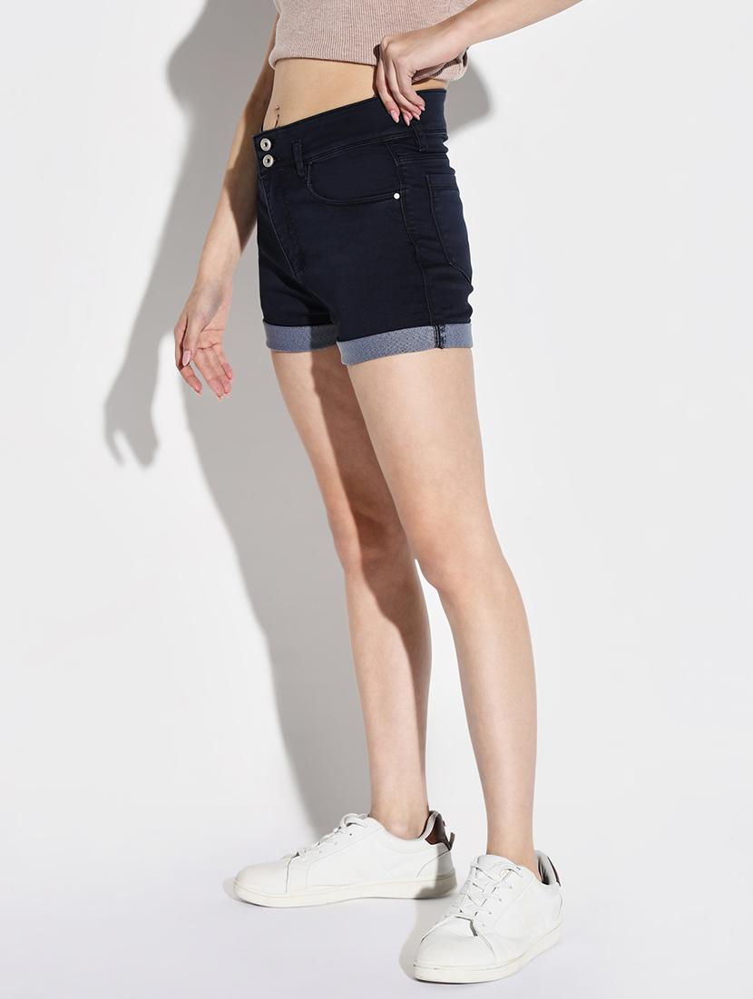 women solid high rise denim shorts - 21632771 - Standard Image - 2
