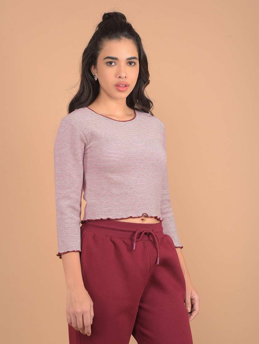 women maroon stripes crop top - 21632785 -  Standard Image - 2