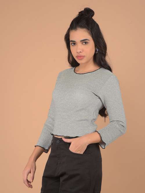 women grey stripes crop top - 21632786 - Standard Image - 0