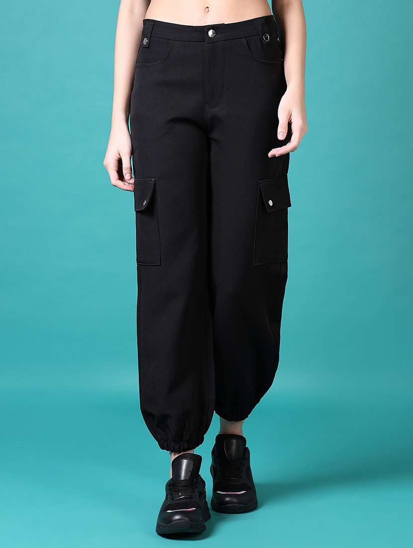 women solid mid rise cargo