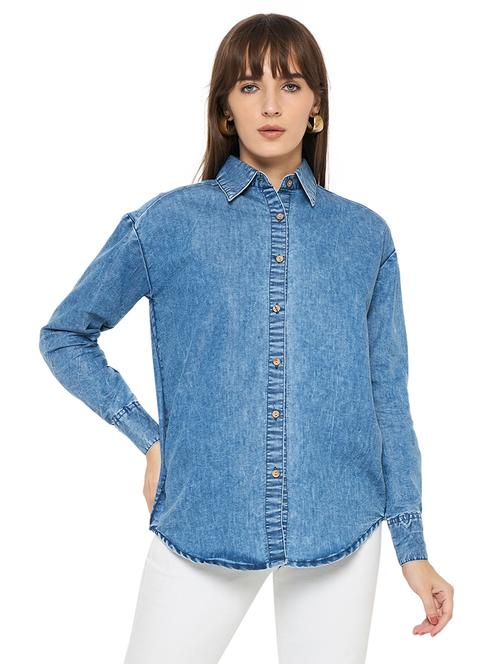 women solid long sleeve denim shirt - 21633527 - Standard Image - 0