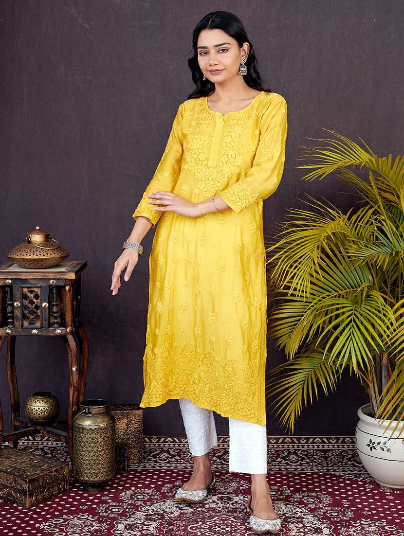 women yellow chikankari work side slit kurta