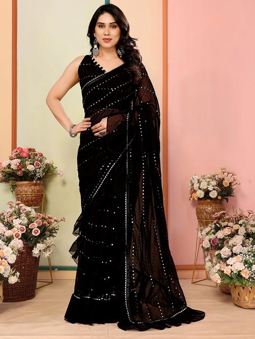 women solid with work ruffle saree with blouse - 21634137 -  Standard Image - 0
