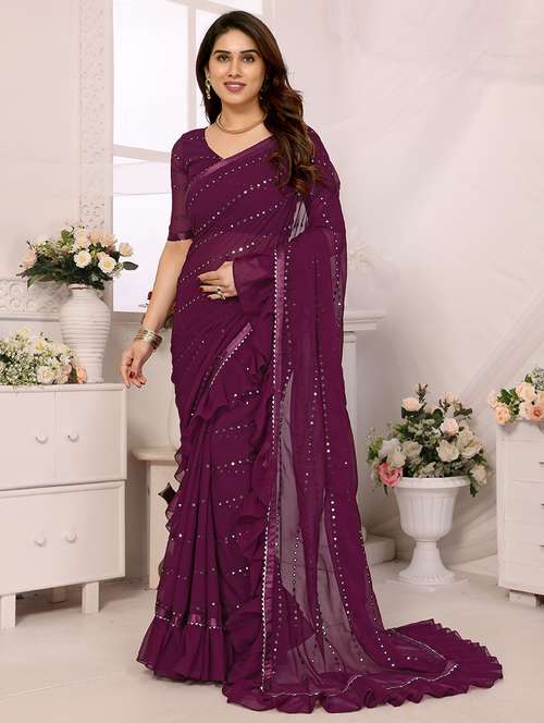women solid with work ruffle saree with blouse - 21634140 -  Standard Image - 0