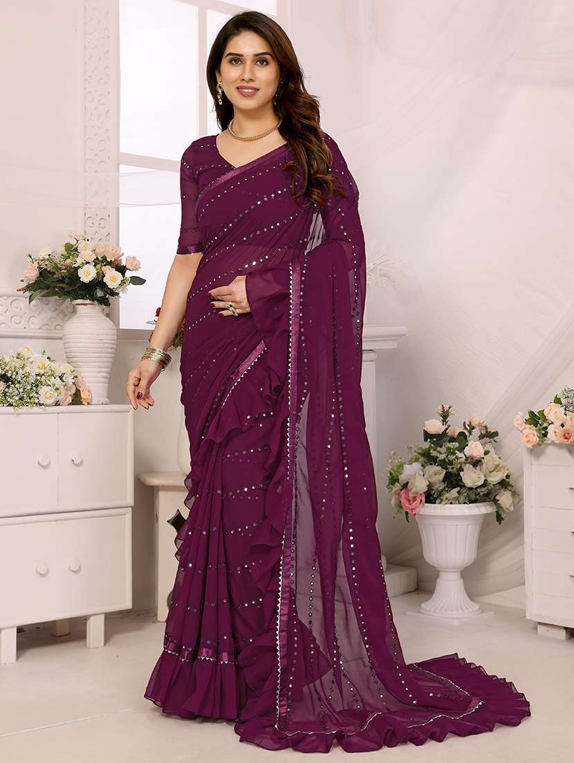 women solid with work ruffle saree with blouse - 21634140 -  Zoom Image - 0