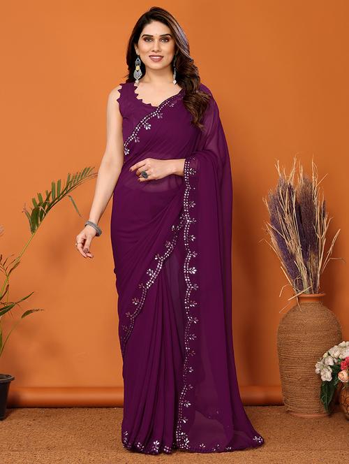 women solid with bordered mirror work saree with blouse - 21634149 -  Standard Image - 0