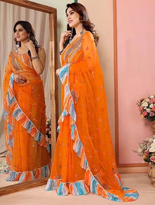 women solid with work ruffle saree with blouse - 21634157 -  Standard Image - 0