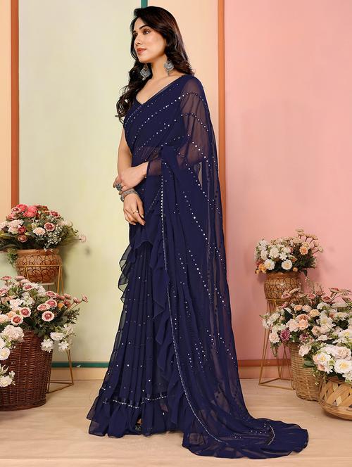 women solid with work ruffle saree with blouse - 21634488 - Standard Image - 0