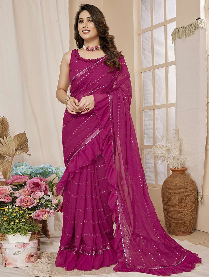women solid with work ruffle saree with blouse