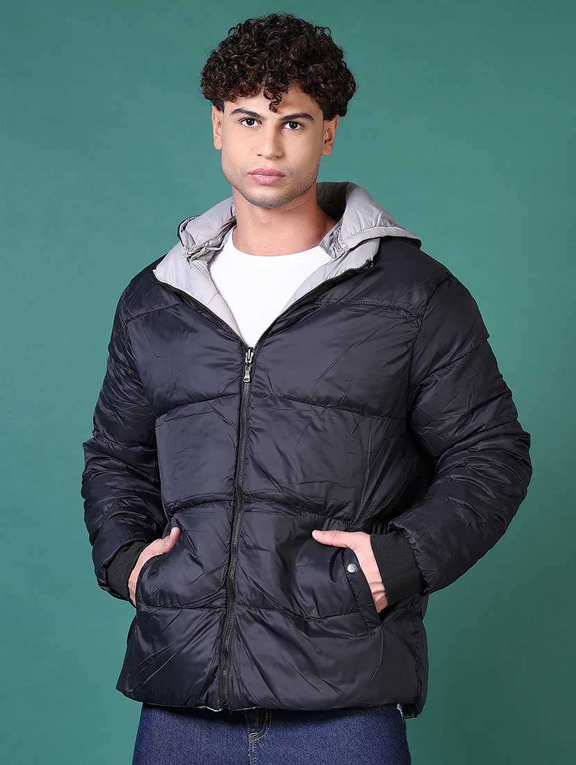men solid long sleeve reversible puffer jacket