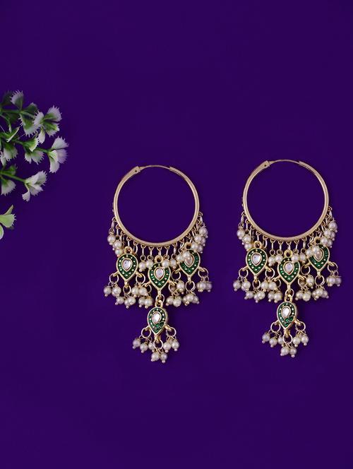gold plated kundan & pearl work hoop earrings - 21635019 -  Standard Image - 0