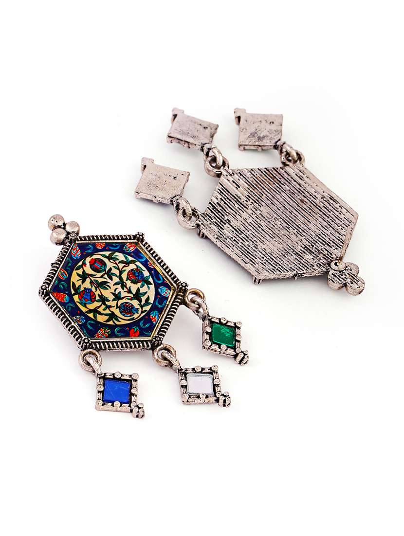 silver oxidised multi color printed drop earrings - 21635022 -  Standard Image - 2