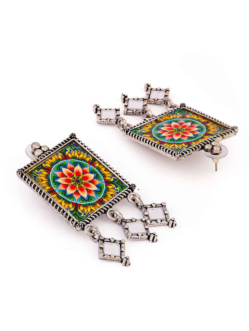 silver oxidised multi color printed drop earrings - 21635023 -  Standard Image - 2